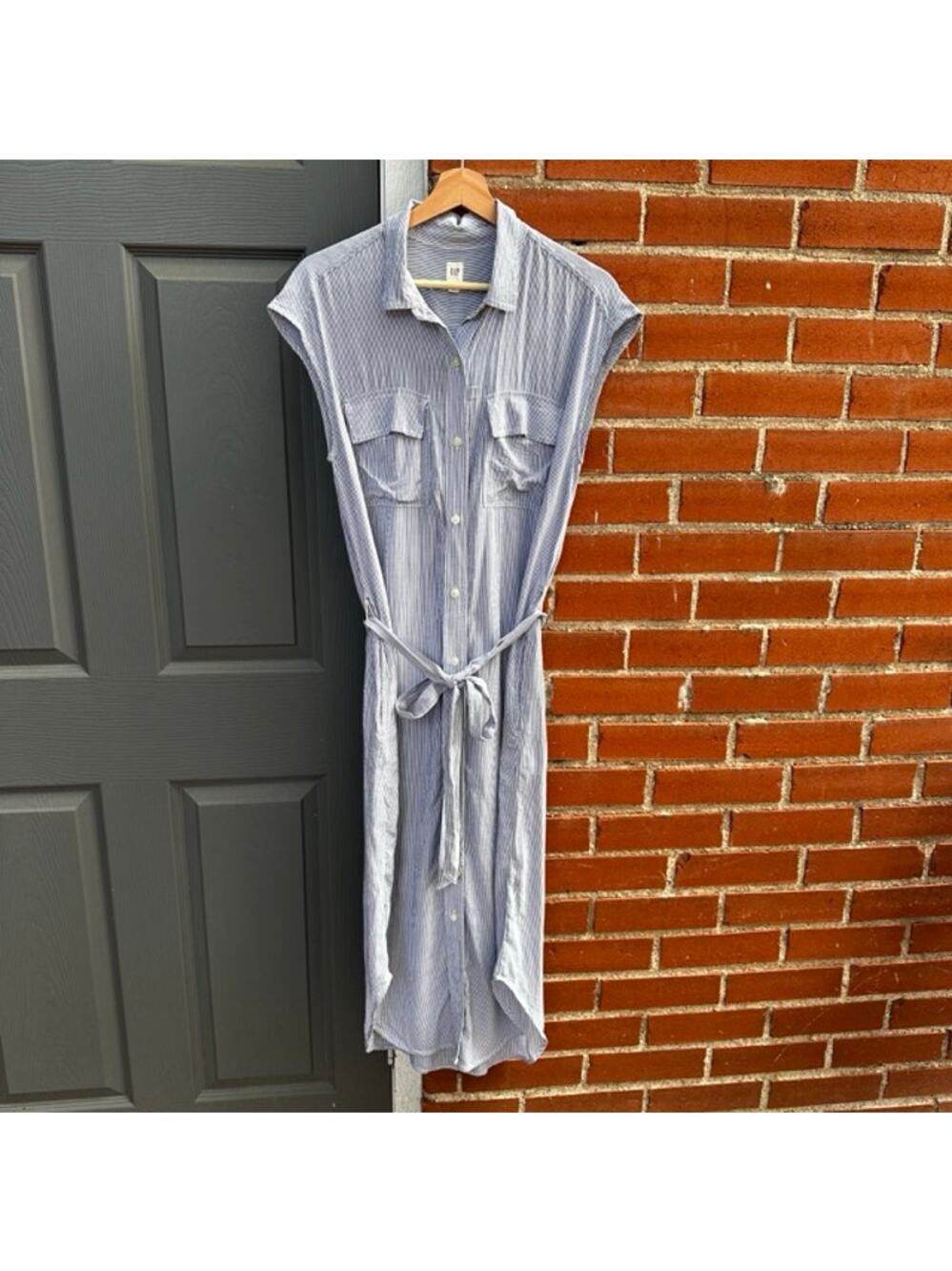 Gap Pinstripe Button-Up Dress Size XS Tie Waist w/Pockets Classic Preppy